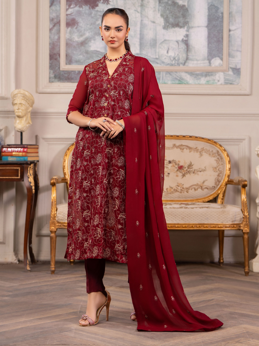 Hemstitch Chiffon Embroidered Stitched 3-Piece Suit-Melina