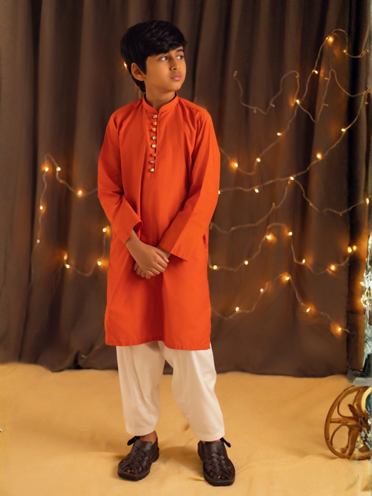 Kidoz Kloset Cotton Silk Kurta Pajama-Tangy Orange