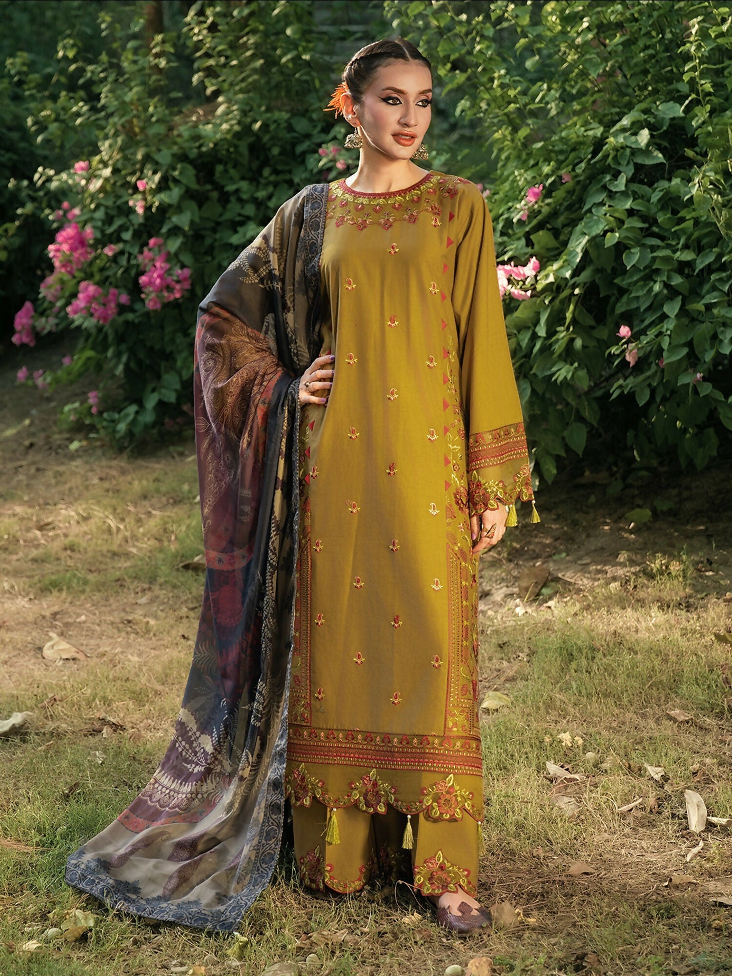 Hemstitch Lawn Embroidered Stitched 3-Piece Suit-Sandalwood