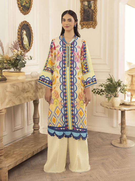 Woman wearing a light yellow unstitched 2 piece lawn suit with multicolor printed shirt and plain cotton trouser.