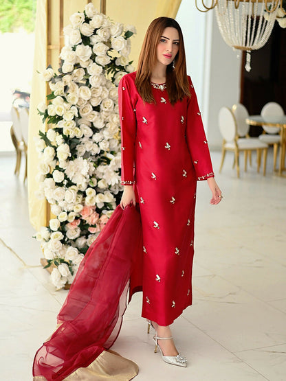 Allure By IH Raw Silk Embellished Stitched 3-Piece Suit-Rosa