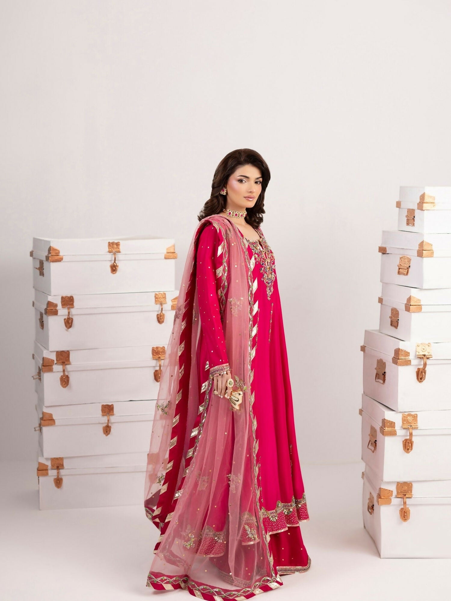 Shurooq Echoes In Bloom Silk Embellished Stitched 3-Piece Suit-Fuschia Flame