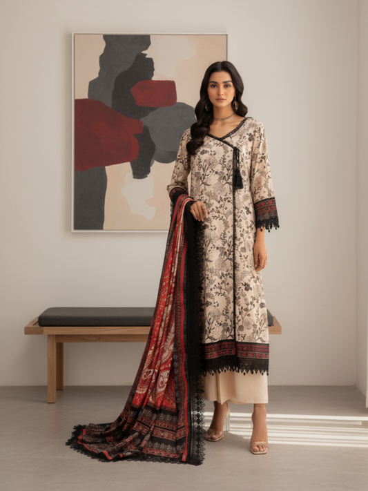 Mausummery Linen Printed Unstitched 3-Piece Suit-Friya