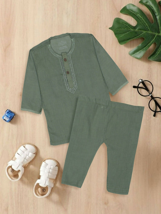 Embroidered stitched cotton kurta pajama suit with round neck, full sleeves, and regular fit, ideal for traditional and festive occasions