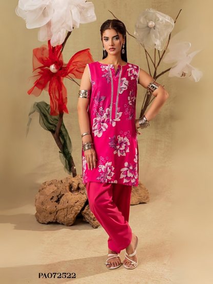 Unstitched 2-piece suit with floral printed shirt on pink base and dyed trouser, perfect for casual wear.