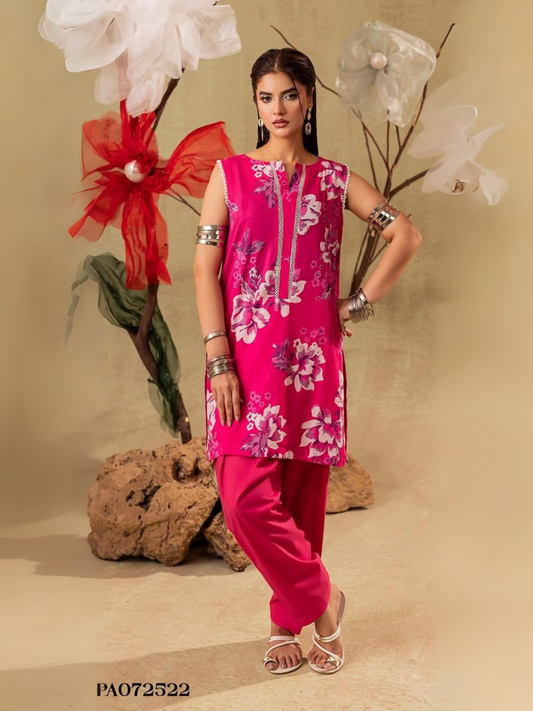 Unstitched 2-piece suit with floral printed shirt on pink base and dyed trouser, perfect for casual wear.