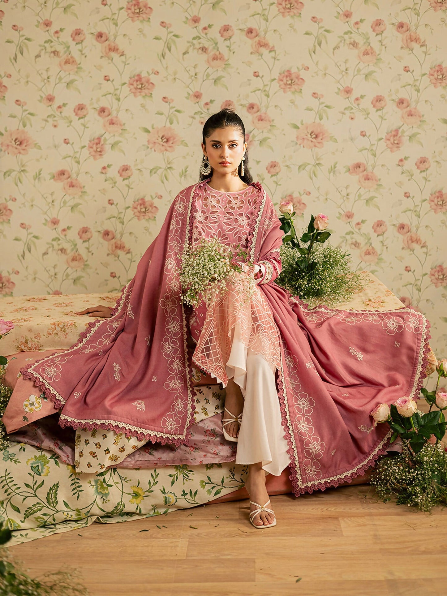 Mahnur Kaia Slub Linen Embroidered Stitched 3-Piece Suit-K- 13