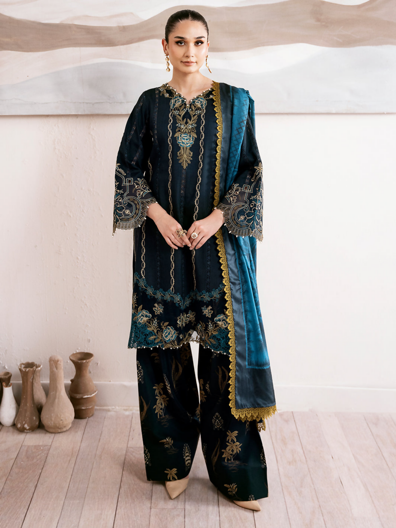 Bin Ilyas unstitched 3-piece suit with dyed lawn embroidered front, embroidered organza motifs, digital printed dupatta, and digital printed cotton trouser