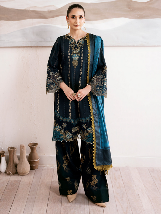 Bin Ilyas unstitched 3-piece suit with dyed lawn embroidered front, embroidered organza motifs, digital printed dupatta, and digital printed cotton trouser