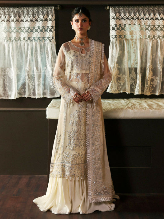 Mahnur embroidered unstitched 3-piece organza suit with chiffon dupatta and raw silk trousers
