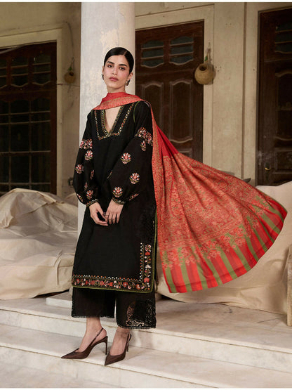 Hussain Rehar Khaddar'25 Embroidered Stitched 3-Piece Suit-Siyah