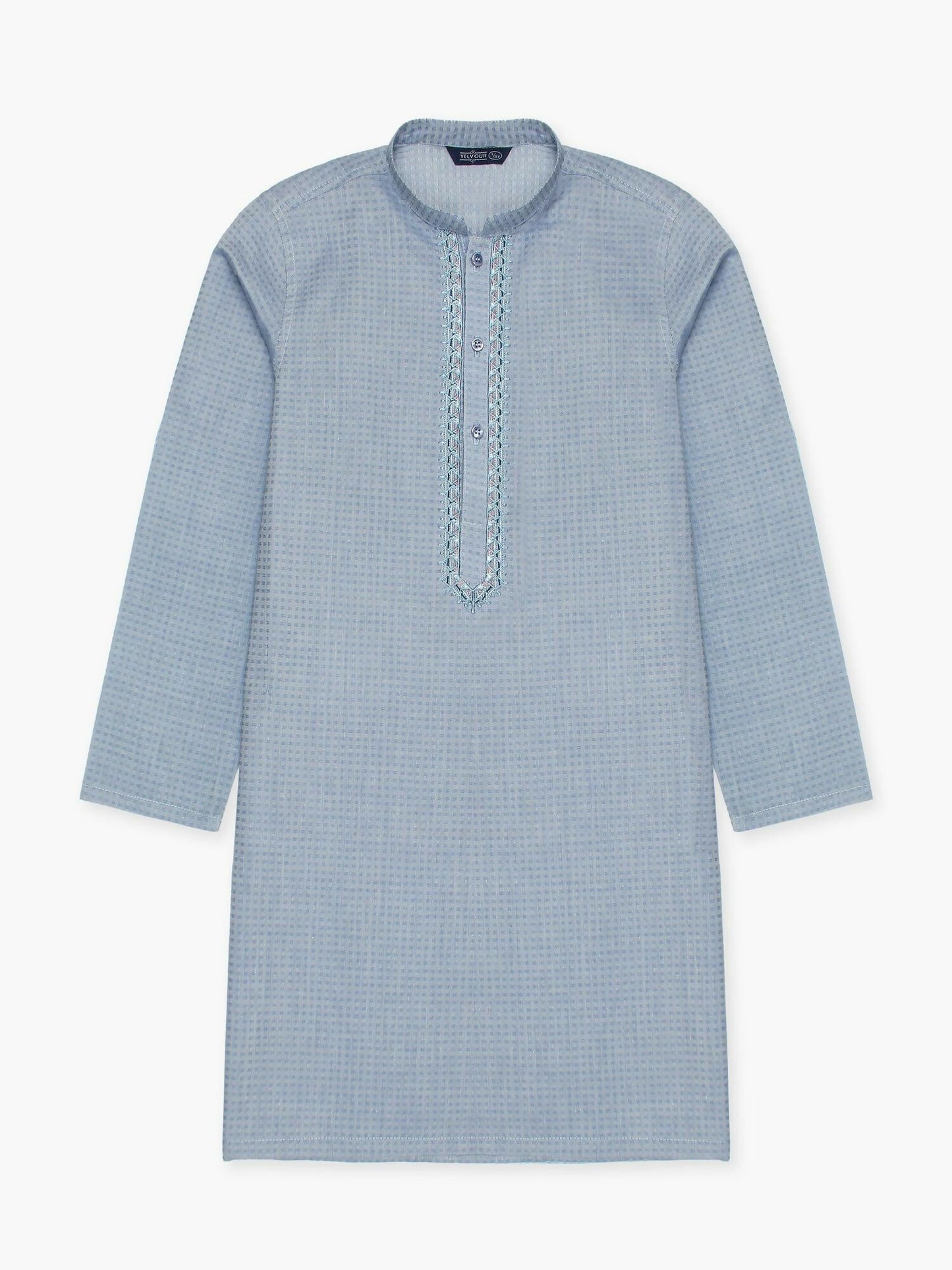 Sky Blue Velvour Boys Embroidered Kurta Set-VB198-A