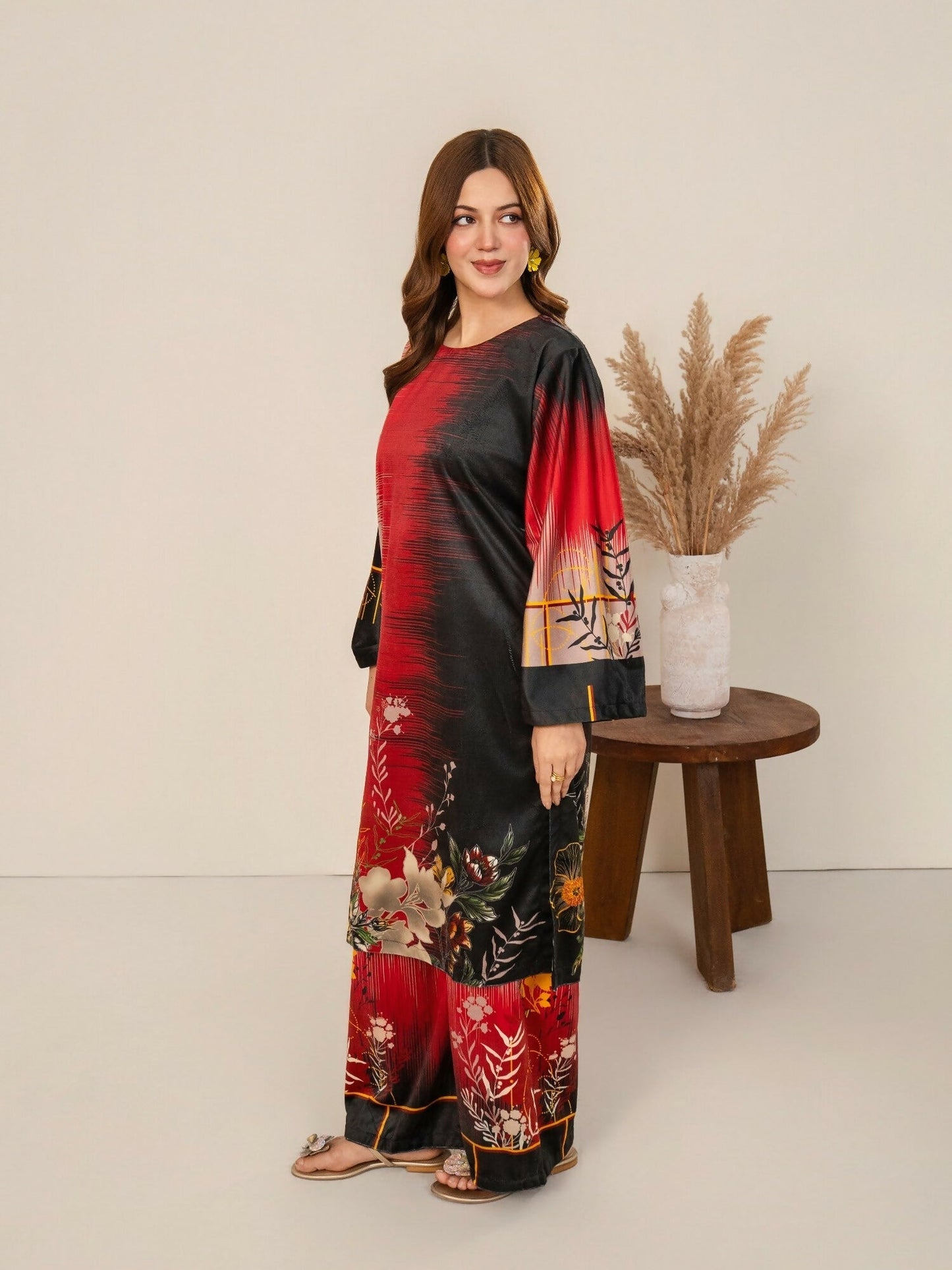 Stylish Collection Velvet Vogue Printed Co-Ord Set-Red Love