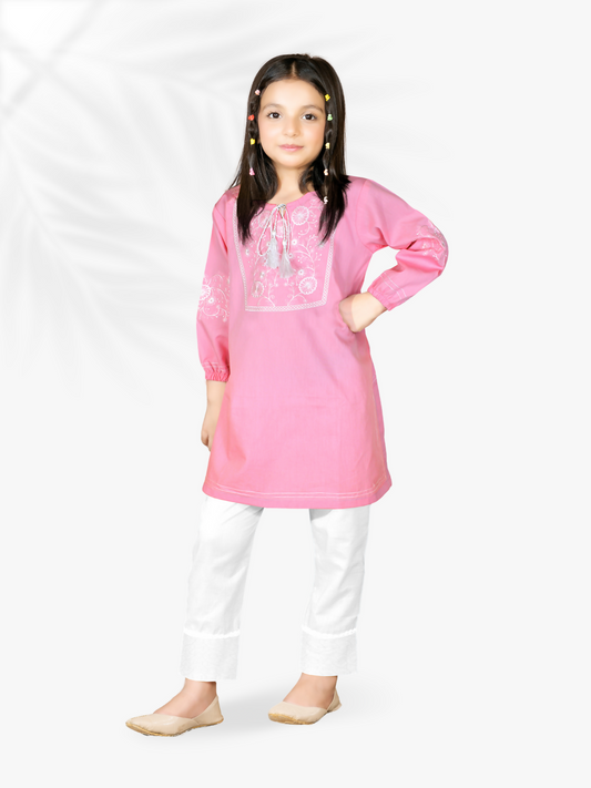 Designer stitched cotton tunic for girls with full sleeves, offering a comfortable customized fit—perfect for summer casual or festive wear.