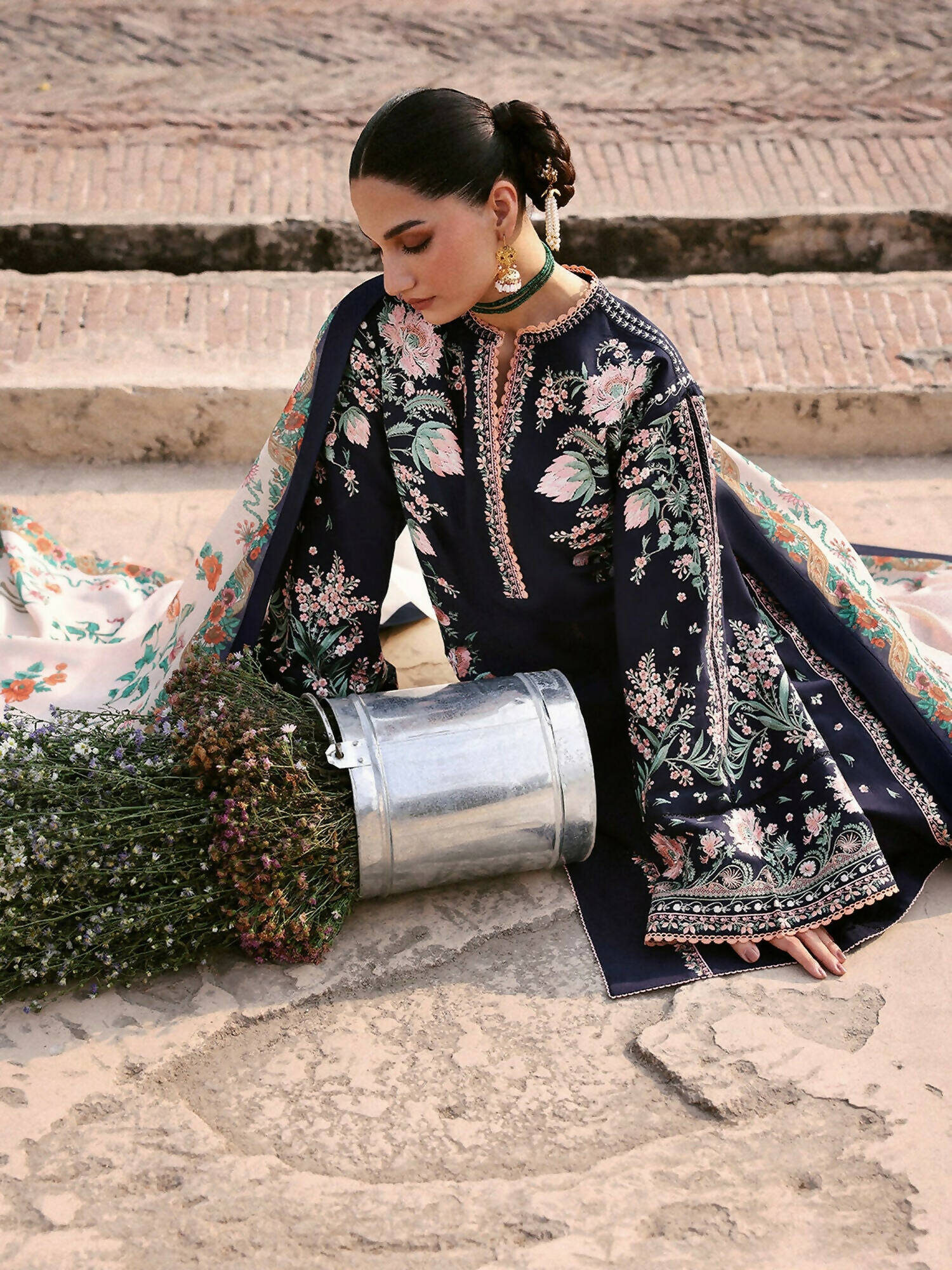 Jugnu By Hussain Rehar Khaddar'25 Embroidered Unstitched 3-Piece Suit-Navi