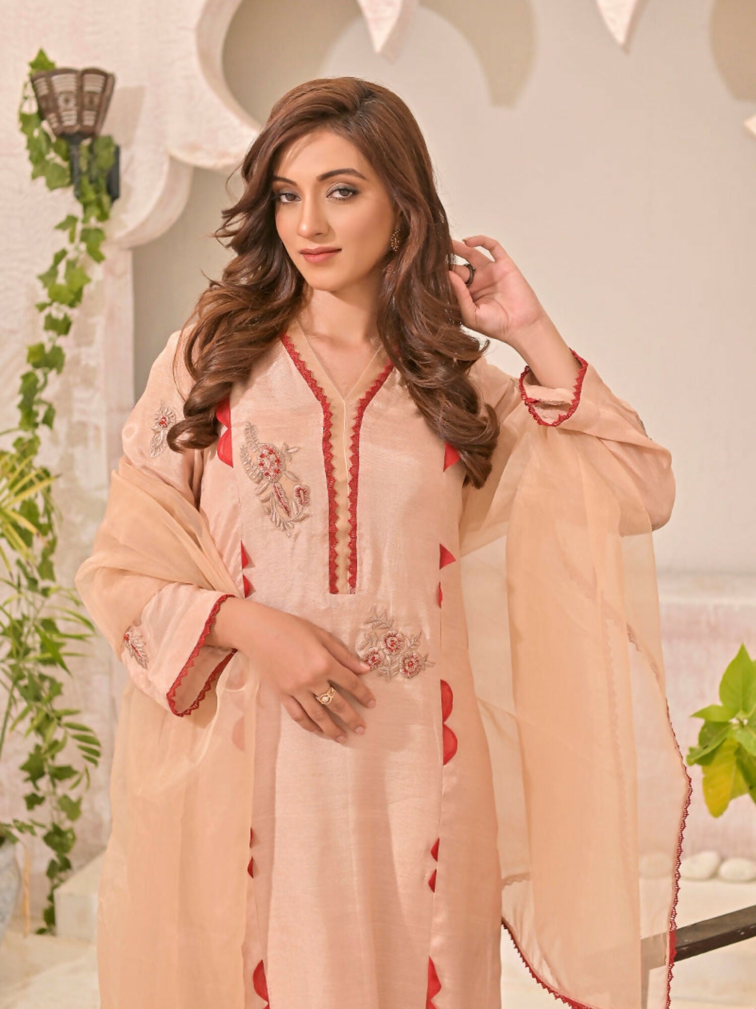 Ruby's Couture Panache Raw Silk Embroidered Stitched 3-Piece Suit-Marigold