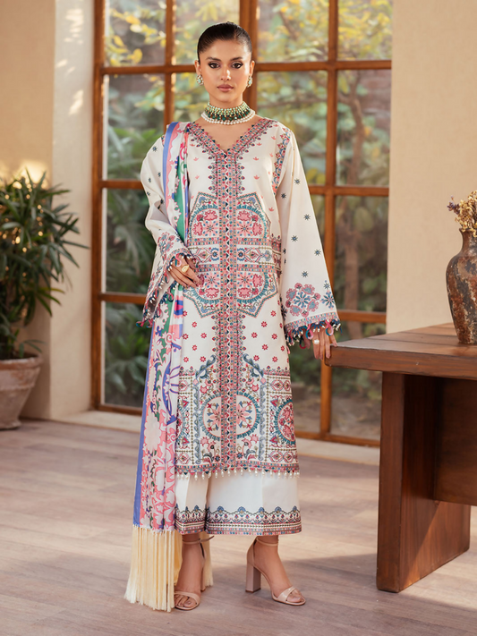 Embroidered lawn suit with central kali detail, daman lace, printed silk dupatta, and dyed cotton trouser.