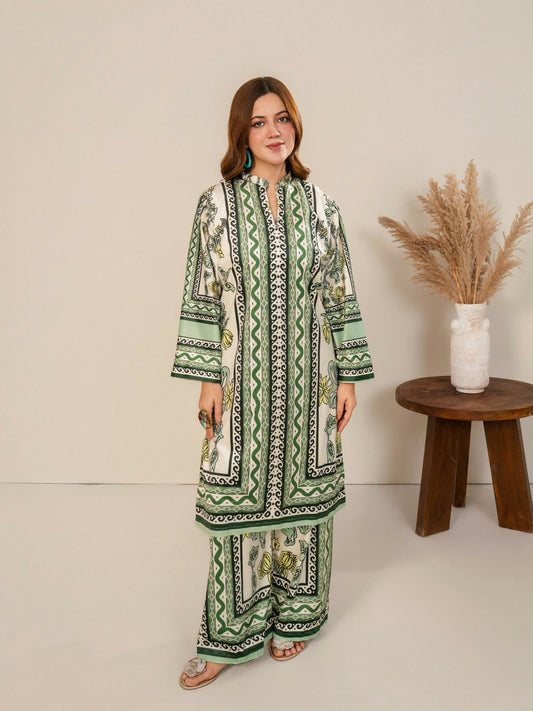 Stylish Collection Velvet Vogue Printed Co-Ord Set-Green Mint