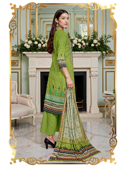 Girl standing wearing an unstitched 3-piece suit with a premium printed lawn shirt, slub voile dupatta, and dyed cotton trouser, perfect for elegant seasonal wear.