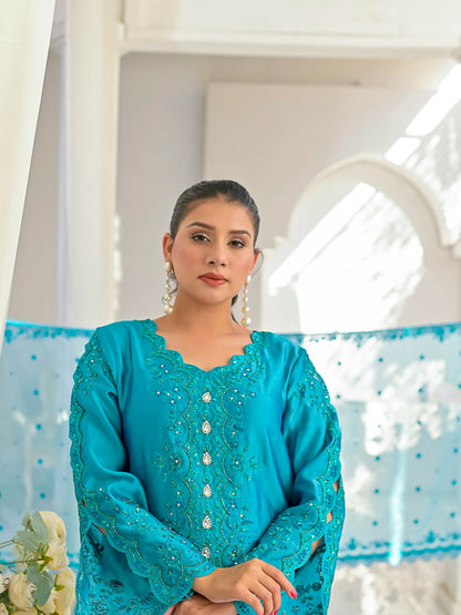 Farooq Hameed Studio Silk Embroidered Stitched 3-Piece Suit-Elli