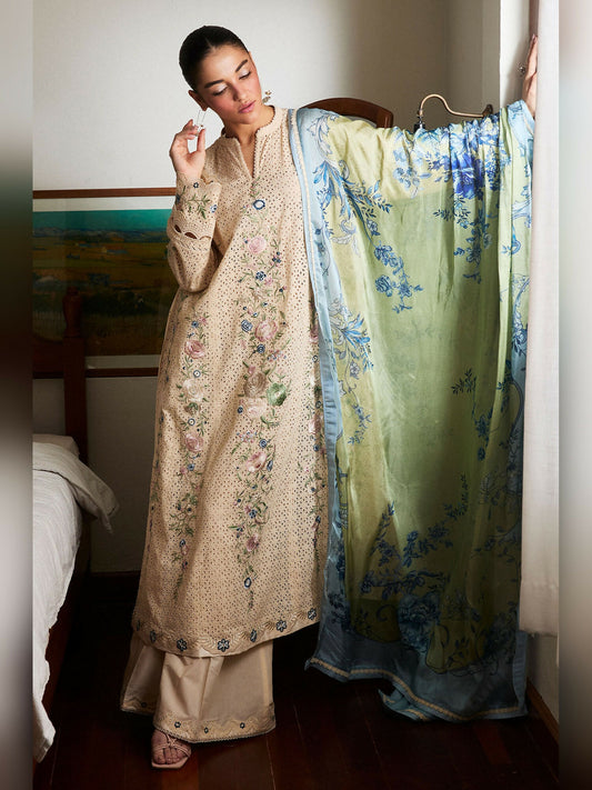 Beige color of Zara Shahjahan Luxury Lawn Embroidered Unstitched 3-Piece Suit-Asa-5A