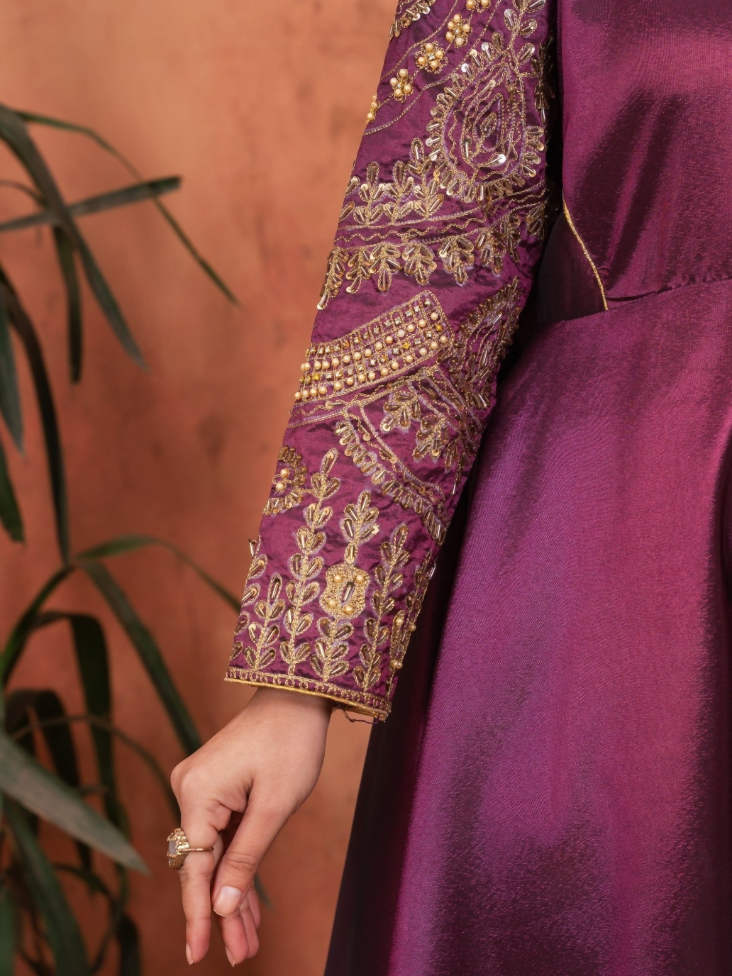 Stylish Collection Majeste Silk Embroidered Maxi-Zuri Plum