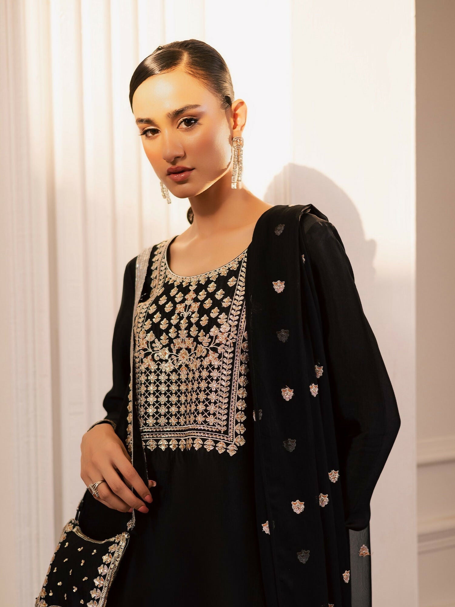 Allure By IH Be-My-Guest Thai Silk Embroidered kaftan Set-Espresso