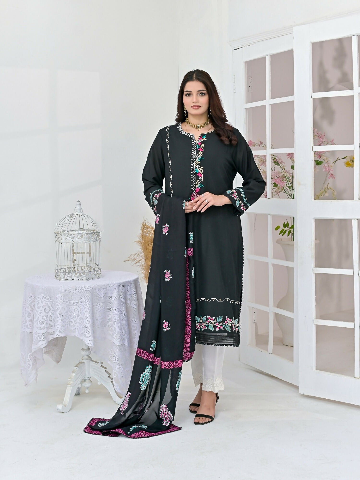 Ruby's Couture Chamak Dhamak Khadi Silk Embroidered Stitched 3-Piece Suit-Marvi