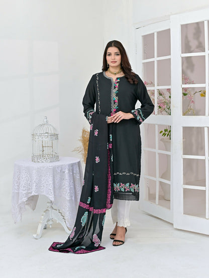 Ruby's Couture Chamak Dhamak Khadi Silk Embroidered Stitched 3-Piece Suit-Marvi