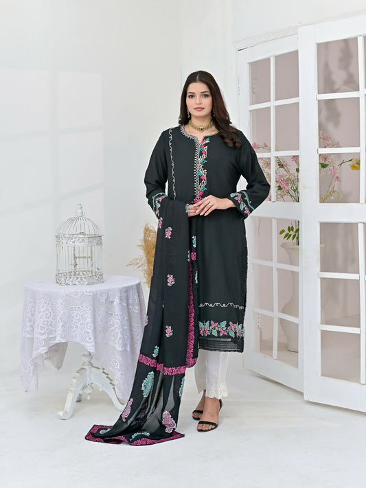 Ruby's Couture Chamak Dhamak Khadi Silk Embroidered Stitched 3-Piece Suit-Marvi