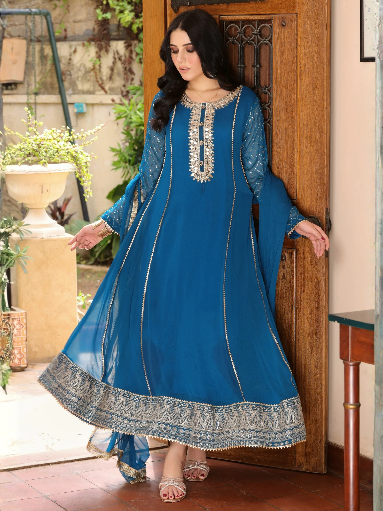 Manahil Arts Chiffon Embellished Stitched 3-Piece Suit-Kurti 123-Zinc