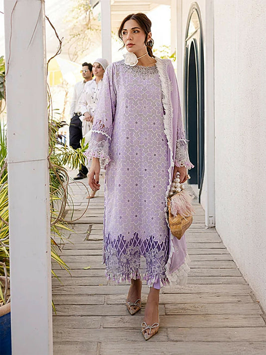 Unstitched 3-piece suit with embroidered lawn front and sleeves, embroidered neckline and borders, embroidered chiffon dupatta, and dyed cambric trouser, ideal for elegant and breathable summer wear.