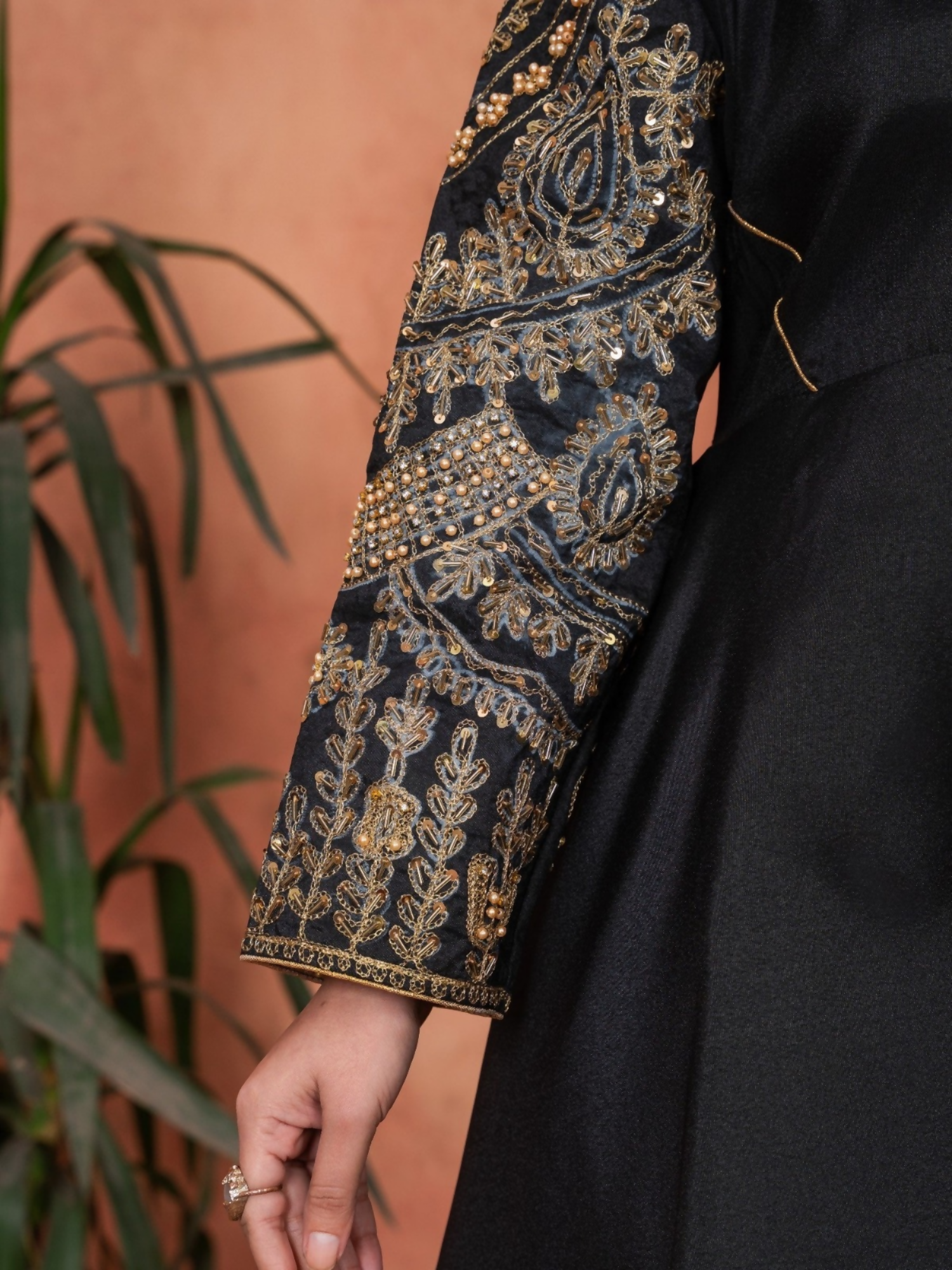 Stylish Collection Majeste Silk Embroidered Maxi-Zuri Black