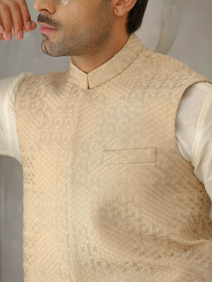 Gem Garments Afsanah Jacquard Embroidered Waistcoat-Munsaf