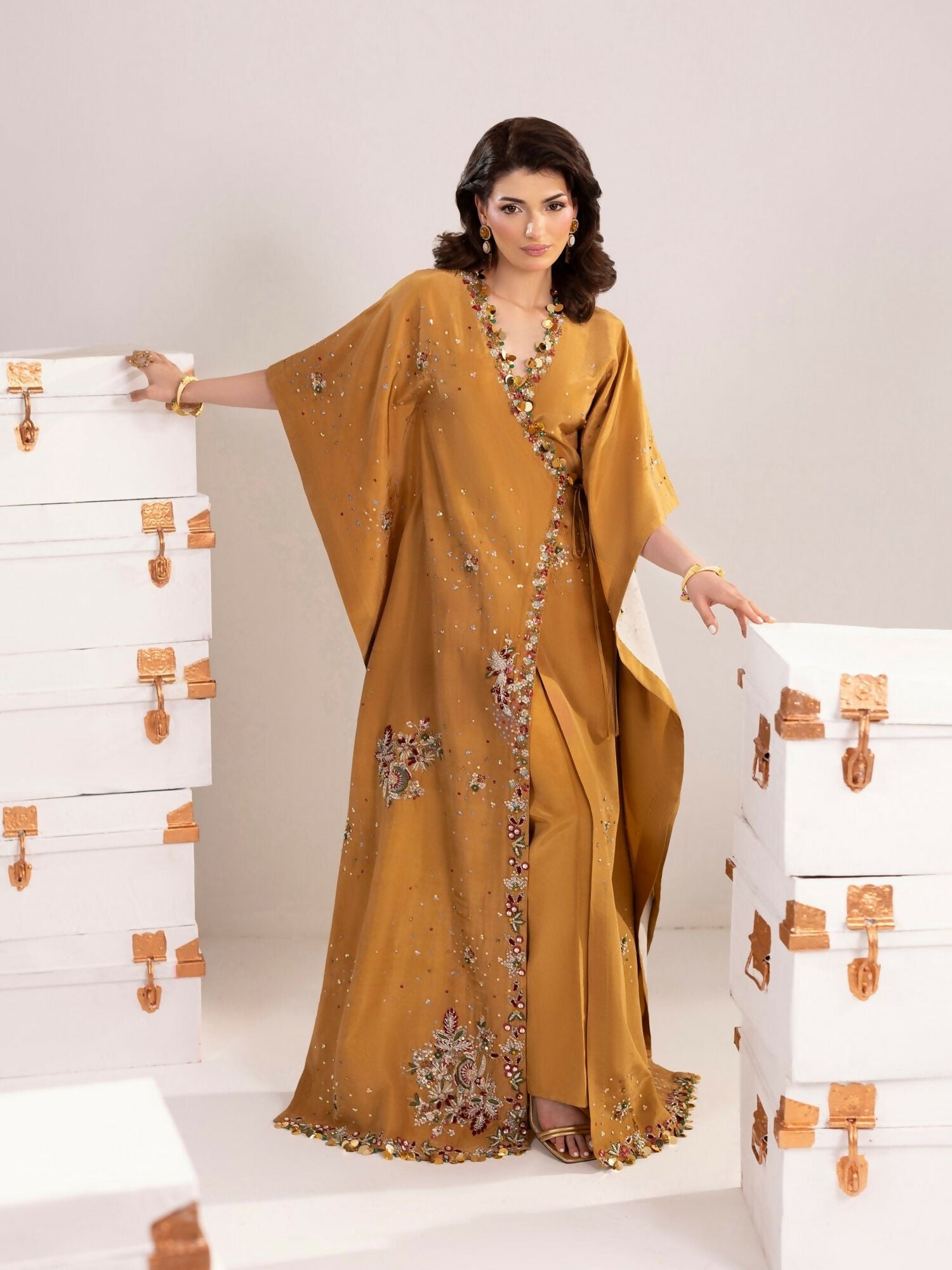 Shurooq Echoes In Bloom Silk Embellished Kaftan Set-Golden Mirage