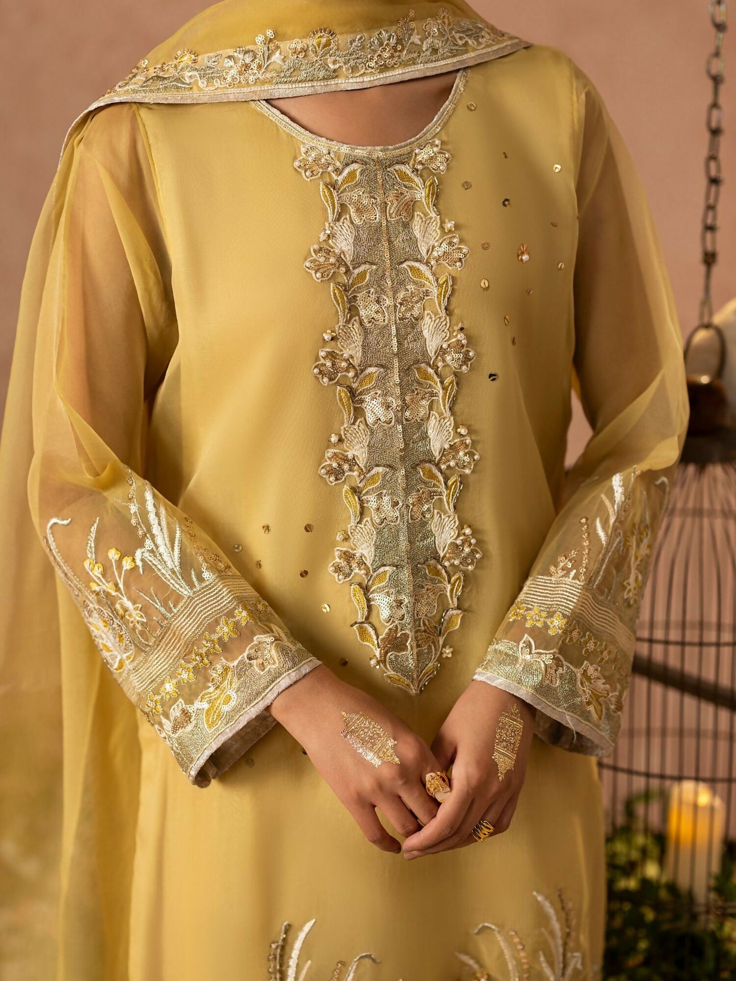 Shurooq Geet Organza Embroidered Stitched 3-Piece Suit-Jhoomar