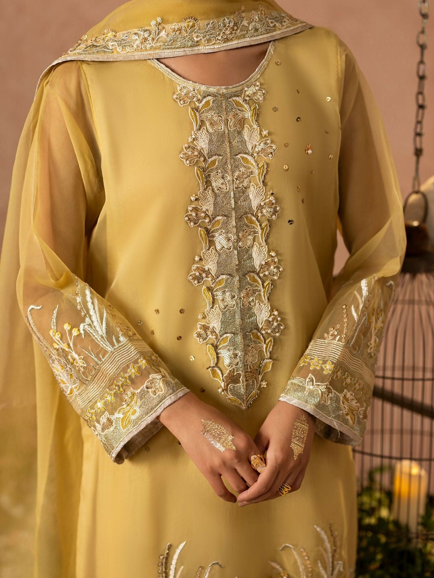 Shurooq Geet Organza Embroidered Stitched 3-Piece Suit-Jhoomar