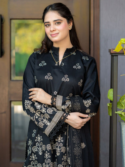 Tawakal Closet Cotton Embroidered Stitched 3-Piece Suit-Black