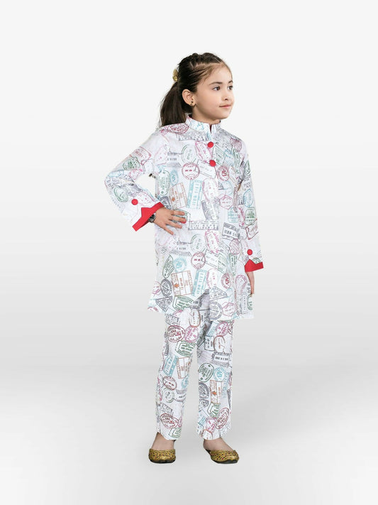 White and Multi Velvour Girls Embroidered Stitched 2-Piece Suit-VG82-B